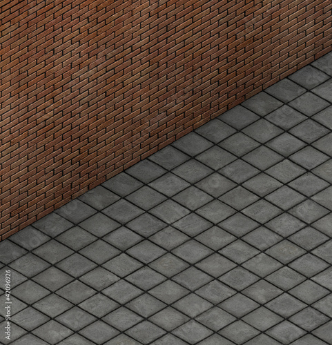 isometric 3d render top view of brick wall with tile pavement