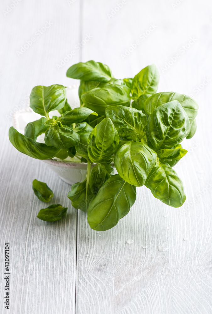 Fresh basil in a bowl on wooden background Fresh basil in a bowl on wooden background