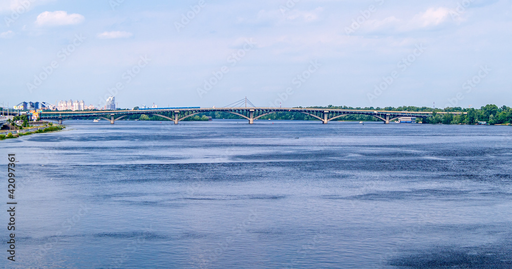 View of Dnieper river and Metro bridge in Kiev, Ukraine