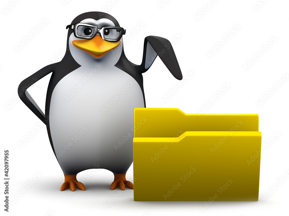 Obraz premium 3d Penguin in glasses points to a folder