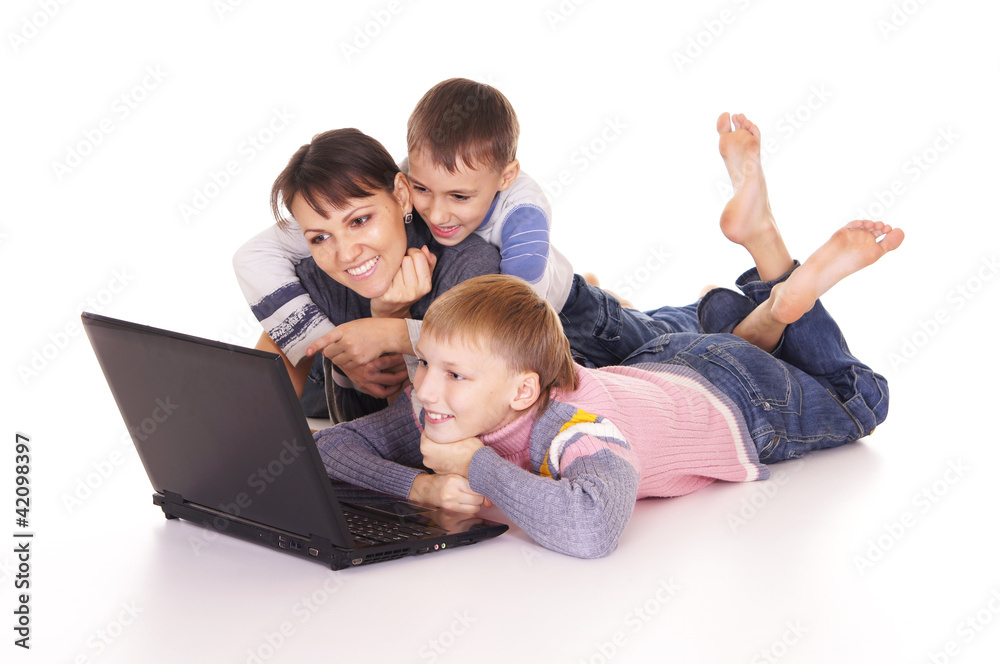mom and sons with laptop mom and sons with laptop