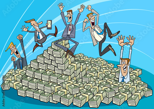 Happy businessmen and heap of money