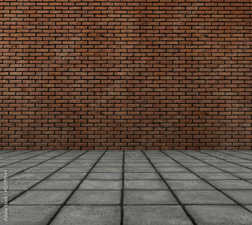 frontal 3d render of brick wall with tile pavement