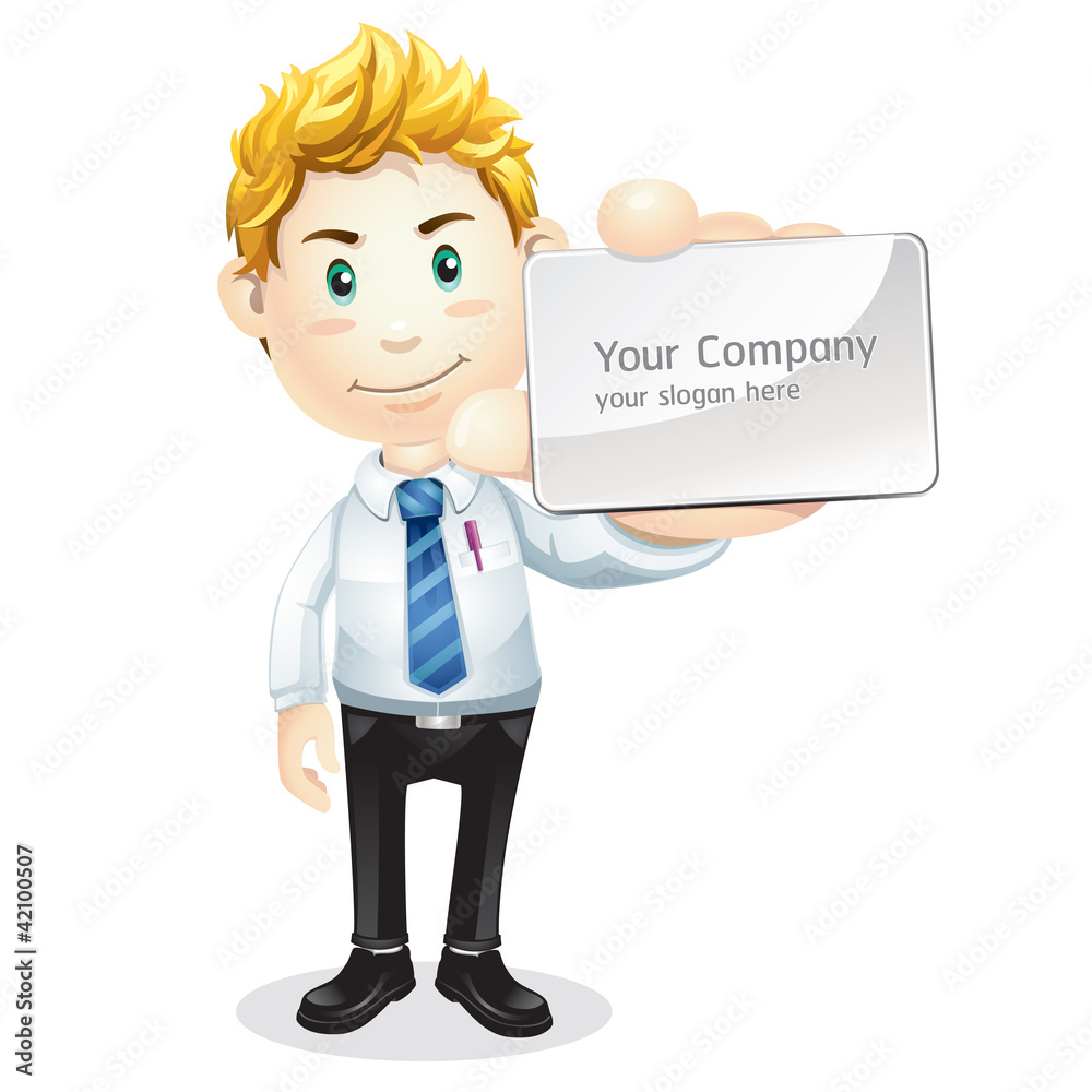Business man handing a blank business card. Cartoon character. Business man handing a blank business card. Cartoon character.