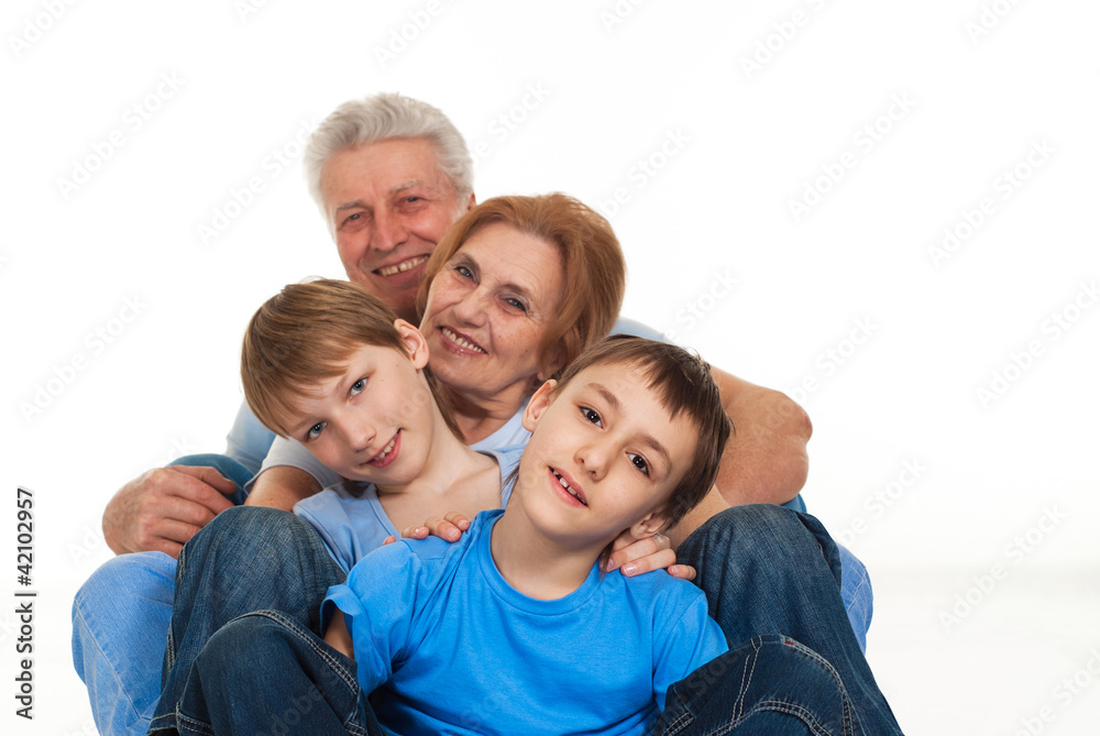Happy joy Caucasian grandparents with grandchildren fooled Happy joy Caucasian grandparents with grandchildren fooled
