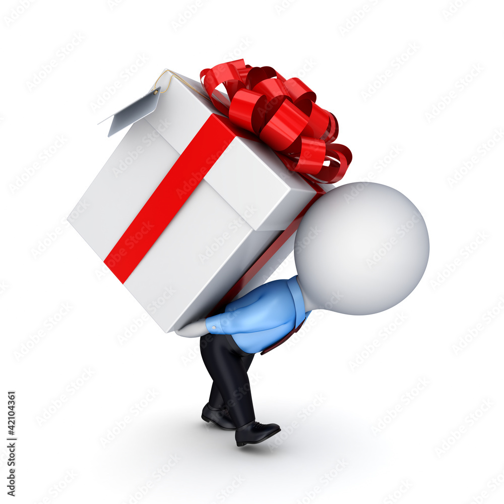 .3d small person pushing a gift box .3d small person pushing a gift box