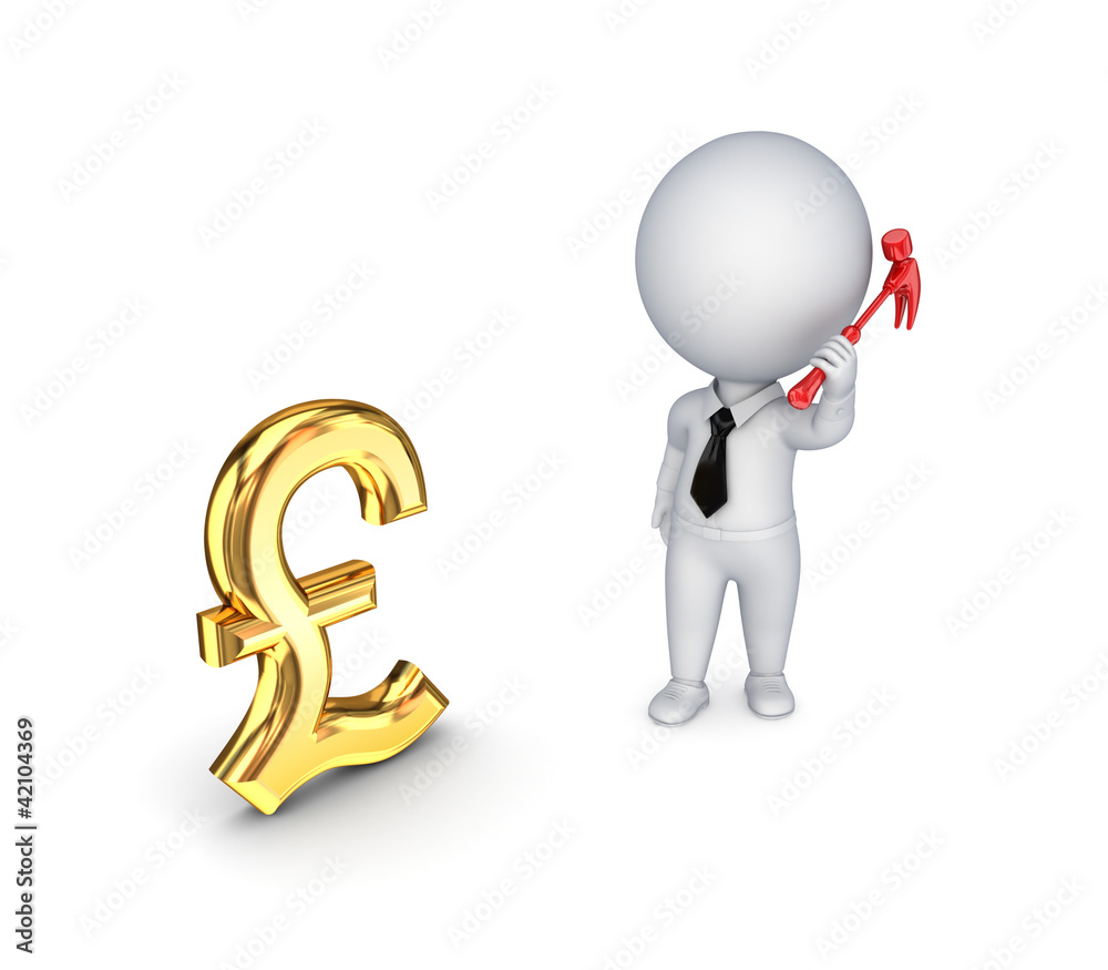 3d person with a hammer and pound sterling sign. 3d person with a hammer and pound sterling sign.