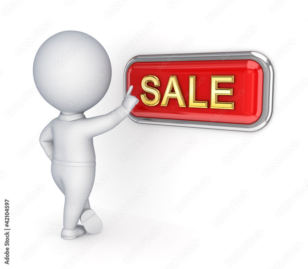 3d small person pushing SALE button. 3d small person pushing SALE button.