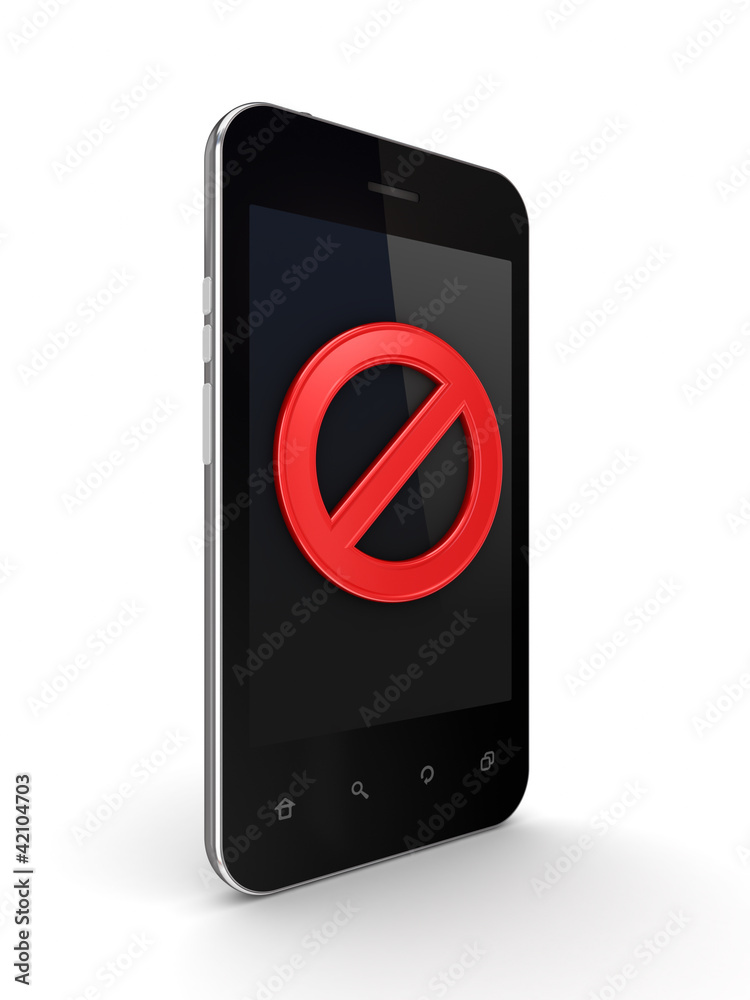 Mobile phone with a red stop symbol on a screen. Mobile phone with a red stop symbol on a screen.