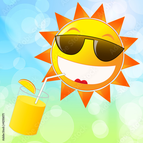 Cartoon sun in sunglasses drinking orange juice. Summer time