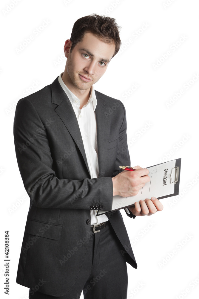 Young professional with checklist Young professional with checklist