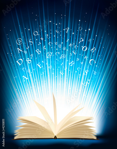 Opened magic book with magic light. Vector illustration.