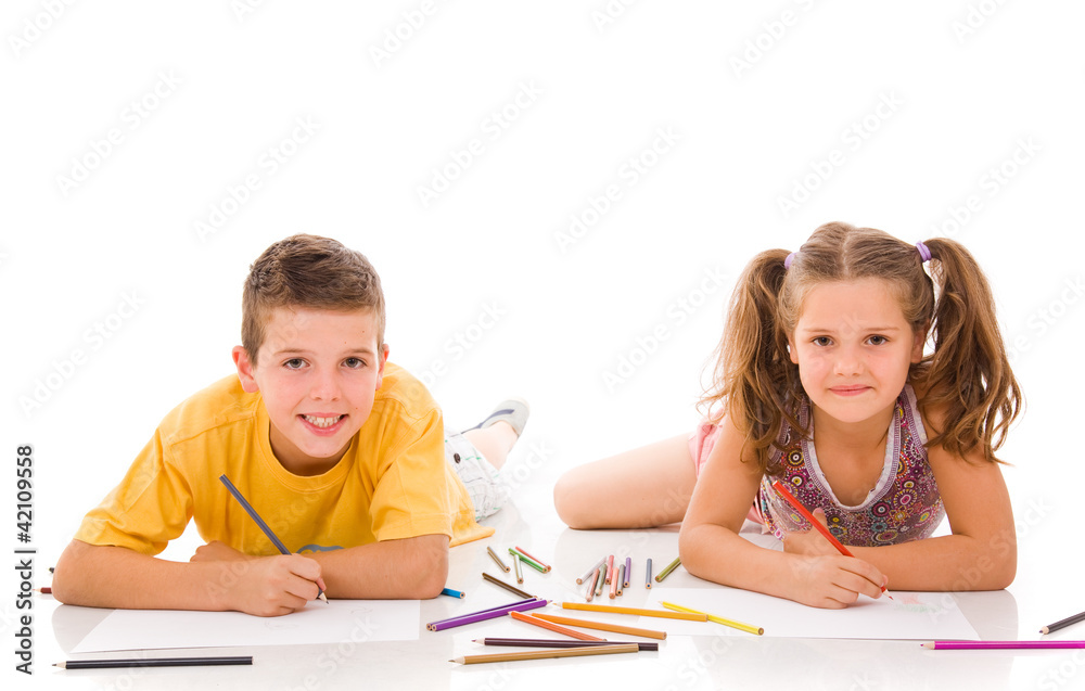Two children drawing, isolated on white Two children drawing, isolated on white