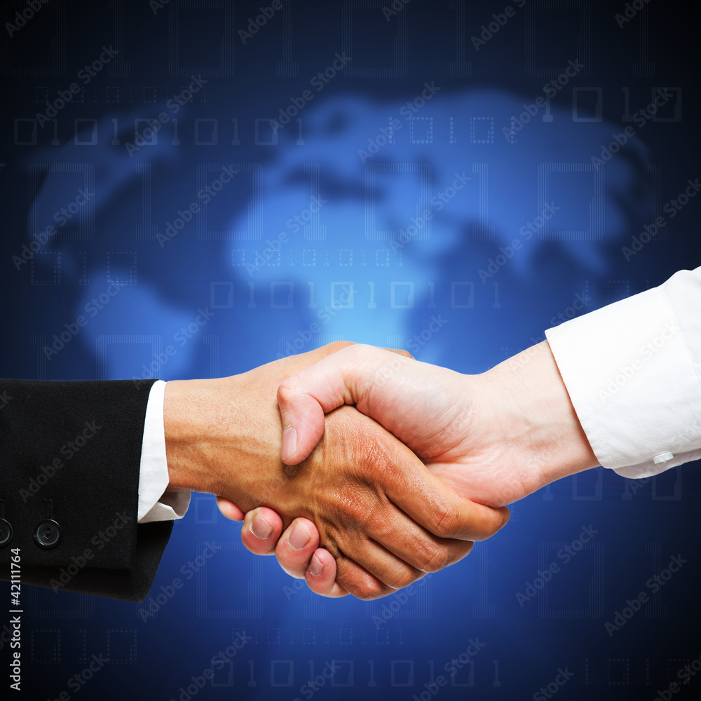 Obraz premium Handshake vor Weltkarte