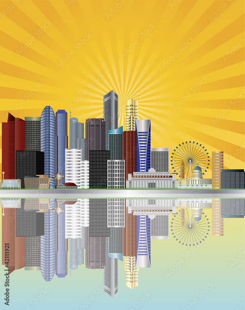 Singapore City Skyline with Sun Rays Illustration