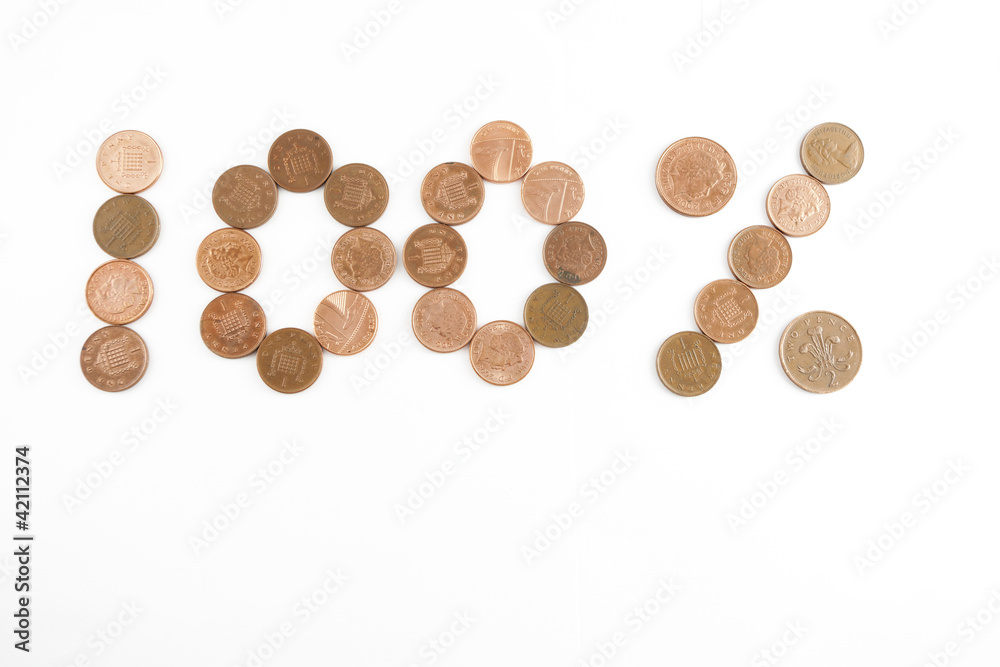 100 % sign made of british pennies 100 % sign made of british pennies