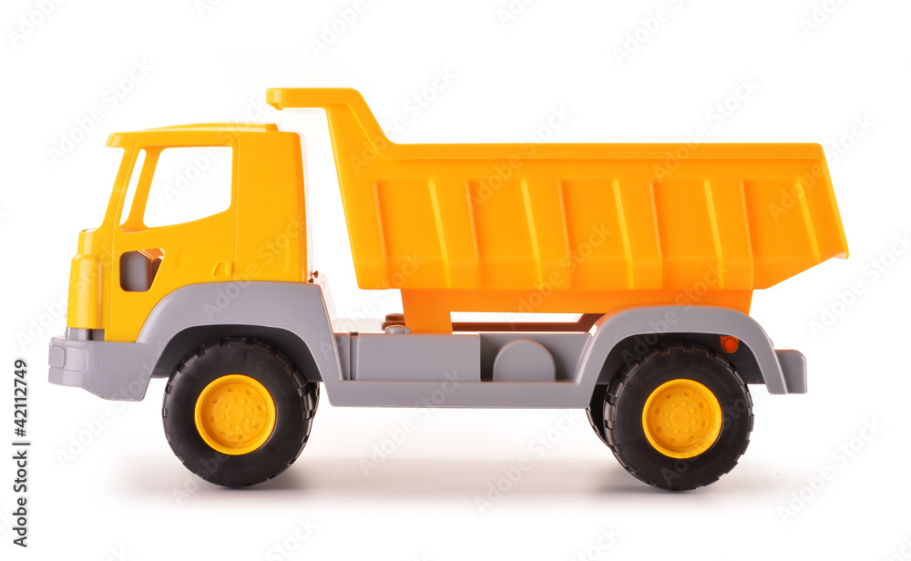 Plastic dump track toy isolated on white