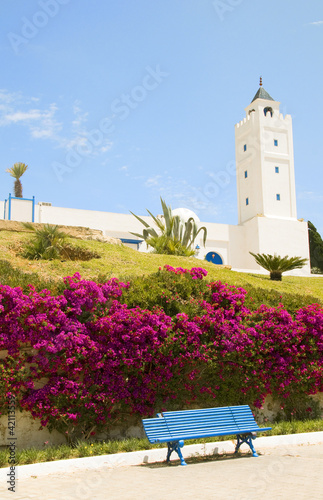Fototapeta Naklejka Na Ścianę i Meble -  Tunisia Africa Sidi Bou Said mosque with flower garden