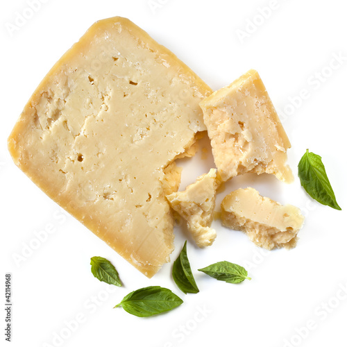 Parmesan Cheese with Basil Leaves Isolated