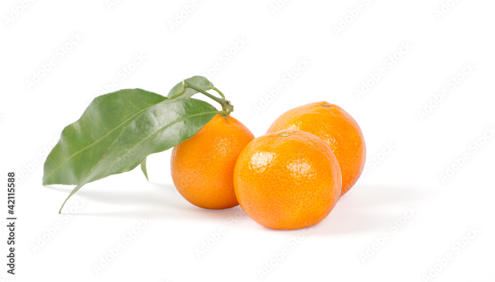 Tangerines with green leaves isolated on white Tangerines with green leaves isolated on white