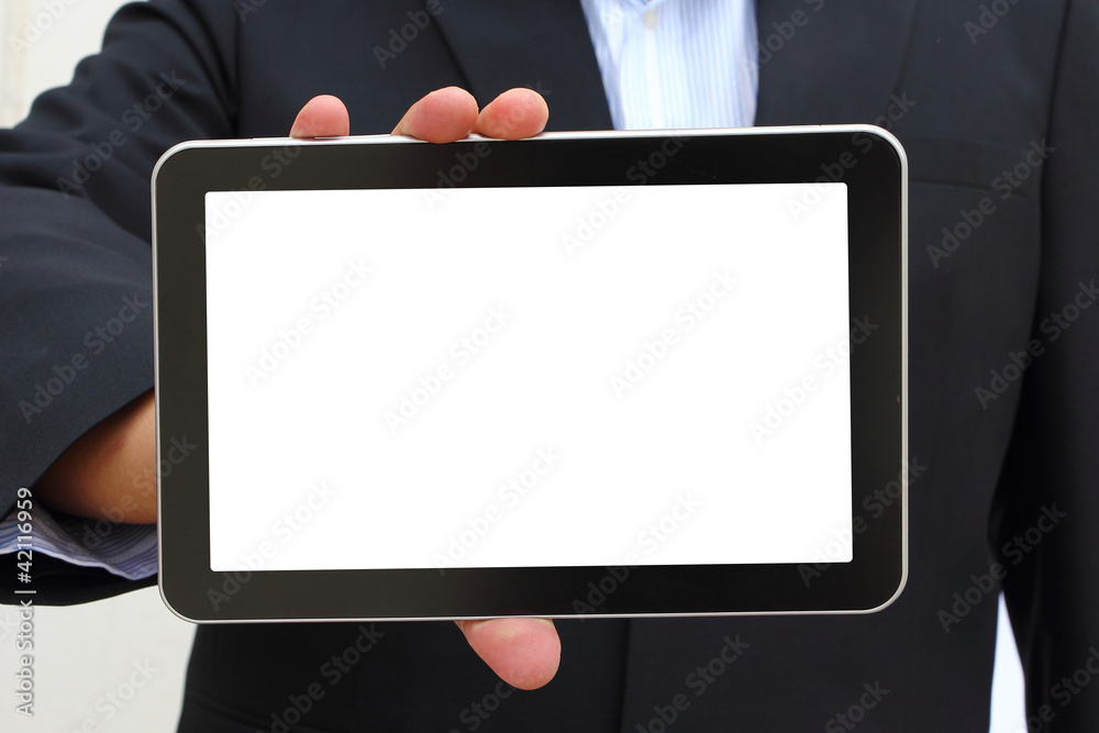 Businessman hands are holding the touch screen Businessman hands are holding the touch screen
