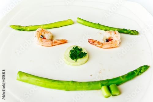 fresh shrimp cooks asparagus photo