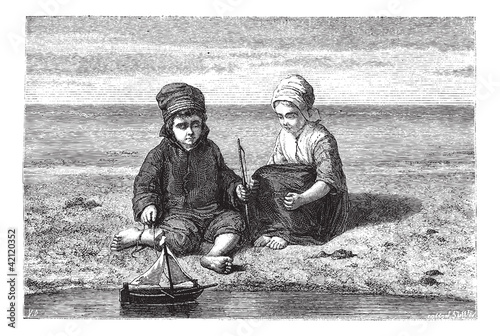Kids looking at small boat on water surface, vintage engraving.