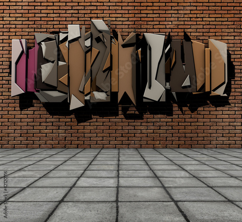 3d render of pavement and floating graffiti on grunge brick wall