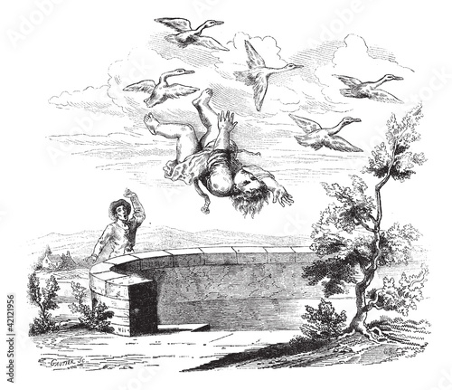 The fall of Bertoldino, vintage engraving.