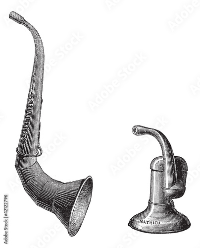 Ear trumpets, vintage engraving.