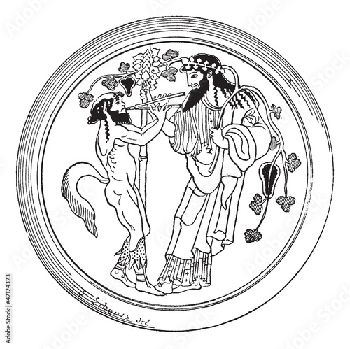 Satyr and Dionysus vintage engraving