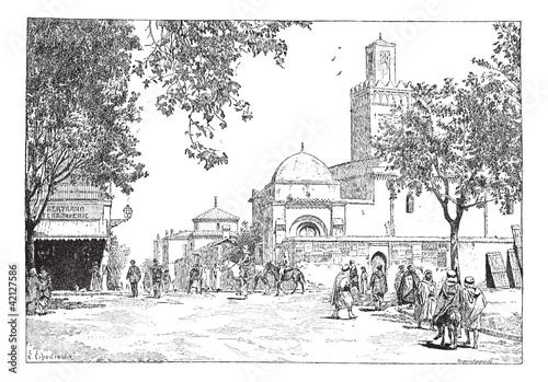 Street of the Great Mosque, Tlemcen, Algeria, vintage engraving.