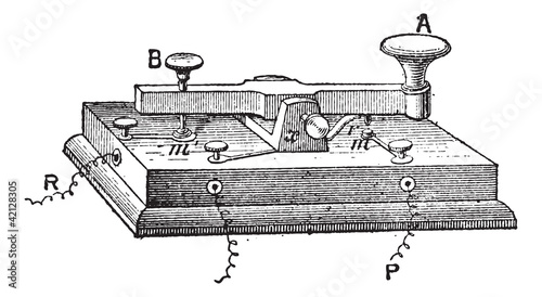 Telegraph, morse key, vintage engraving.
