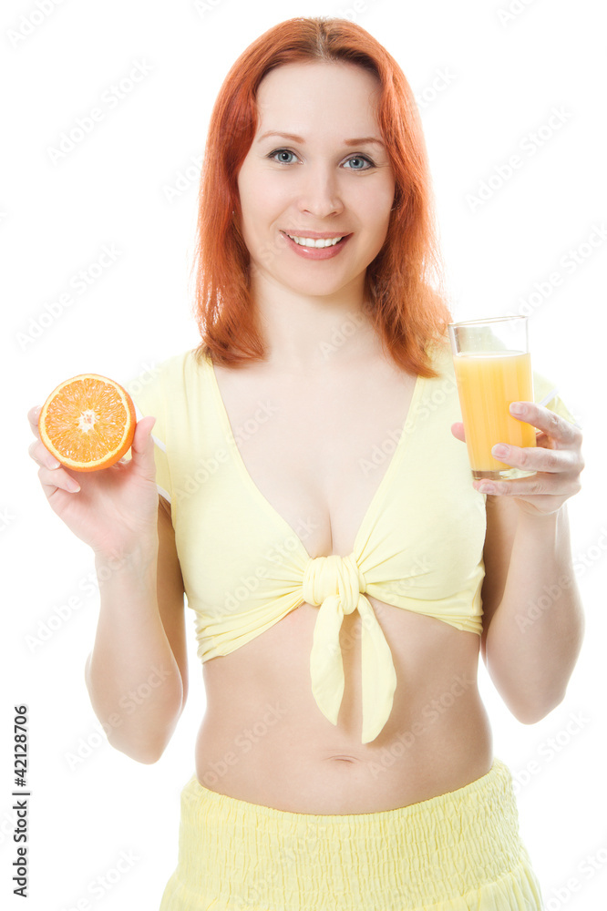 Young woman with oranges and juice Young woman with oranges and juice