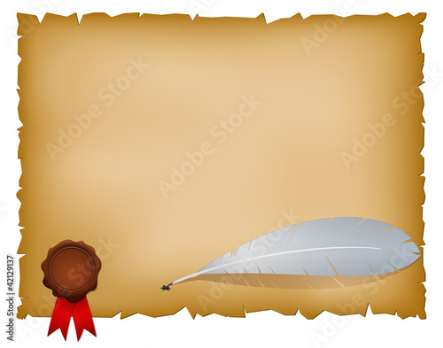 Old paper sheet with feather and seal wax stamp