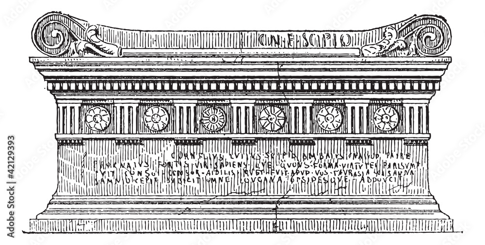 Tomb of Lucius Cornelius Scipio Barbatus, vintage engraving. Stock