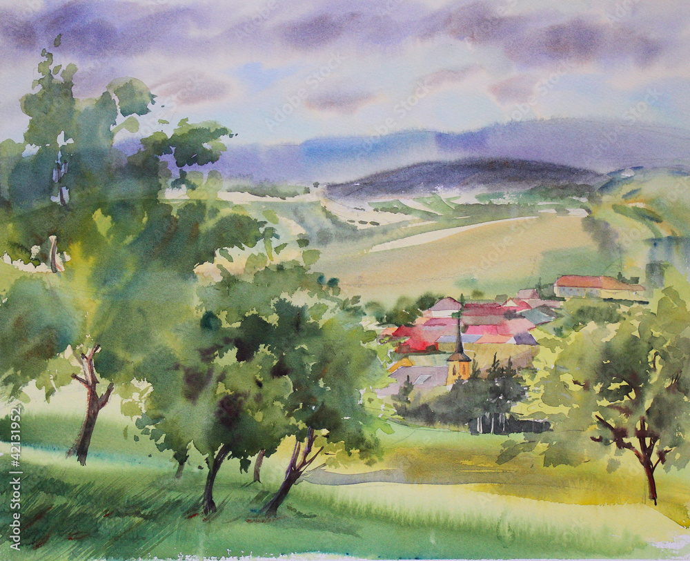Fototapeta premium Austrian landscape painted by watercolor