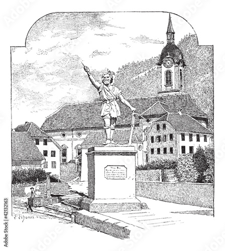 Statue of William Tell in Altdorf, Uri, vintage engraving.