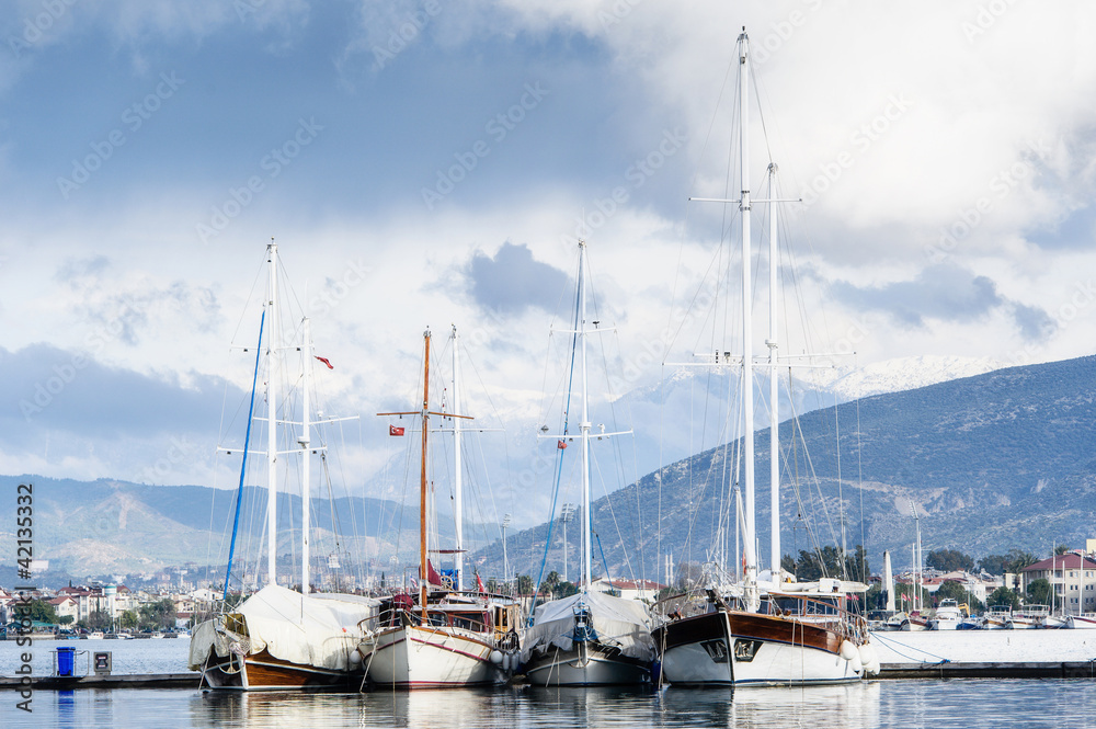 Group of old style sailing vessels moored.