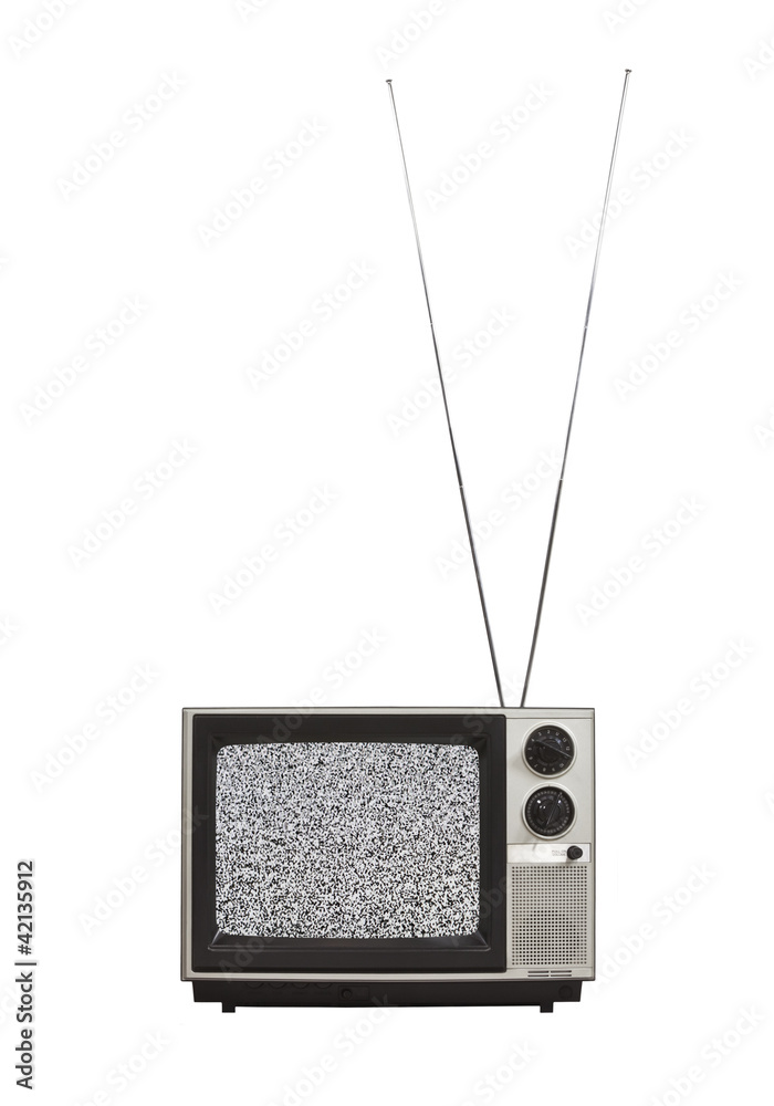 Obraz premium Vintage Portable TV with Long Antennas and Static Screen