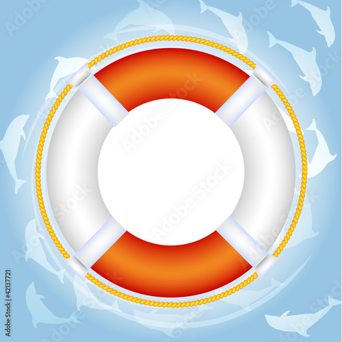 Lifebuoy over water with dolphins