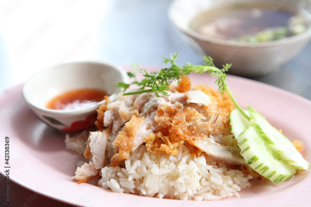 Thai food gourmet fried chicken with rice , khao mun kai tod in Thai food gourmet fried chicken with rice , khao mun kai tod in