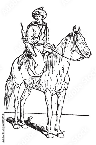 Kalmuck or Kalmyk archer on horse, vintage engraving.