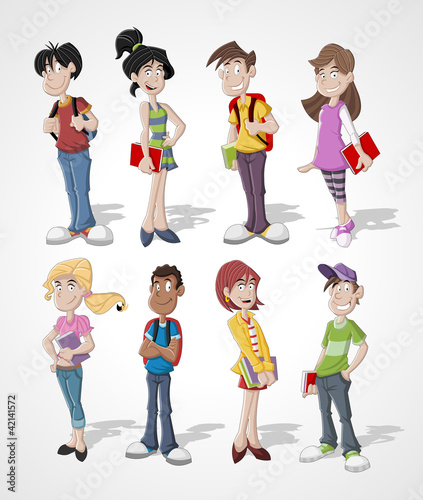 Group of cartoon teenager students