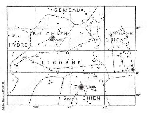 Monoceros or Unicorn Constellation, vintage engraving