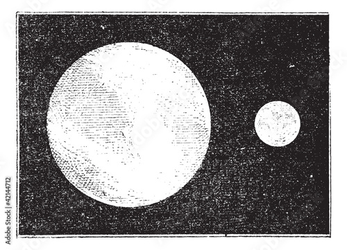 Proportions of the earth and moon, vintage engraving.