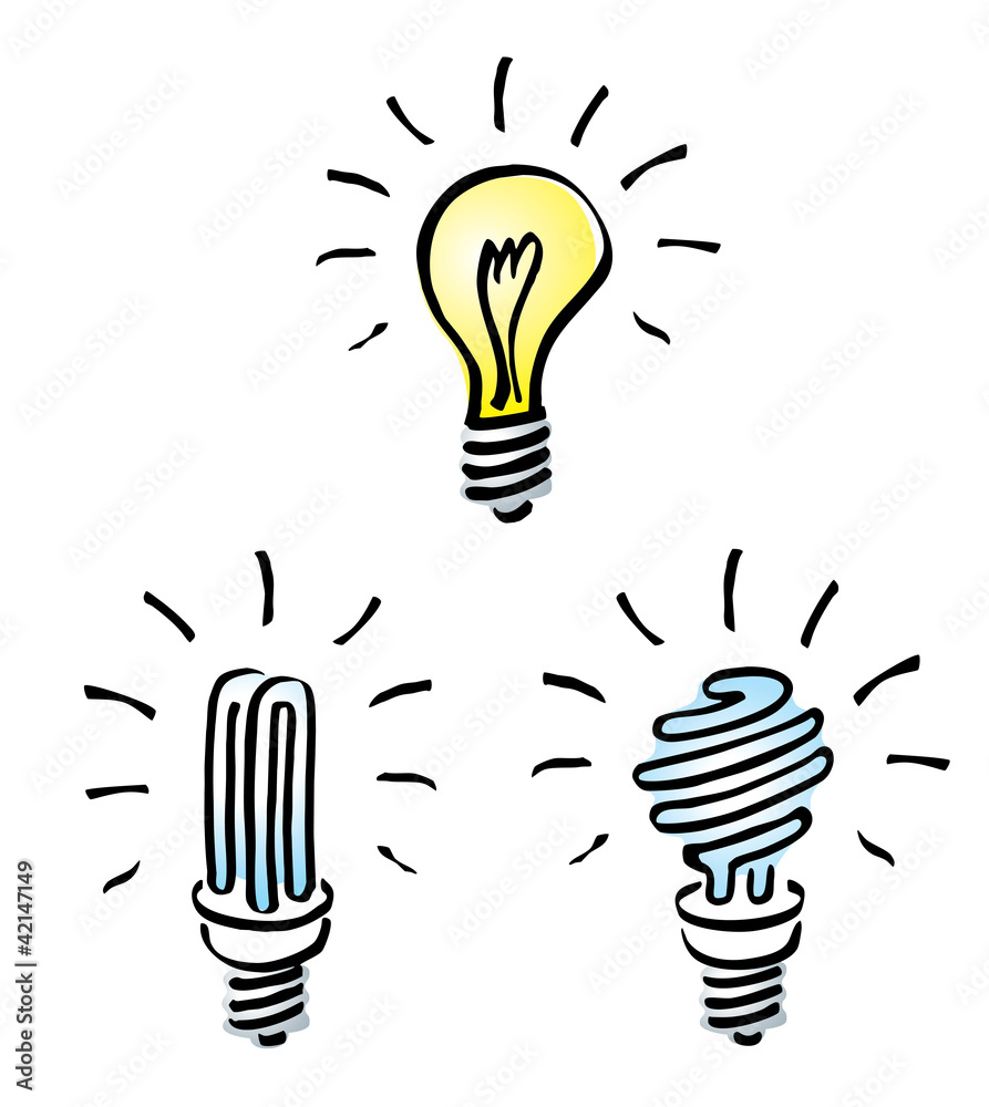 Hand drawn, cartoon of light bulbs Tungsten, energy saving bulb Stock  Vector | Adobe Stock
