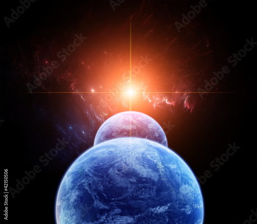 Wallpaper Mural Space Scene with Double Planet and Rising Sun Torontodigital.ca