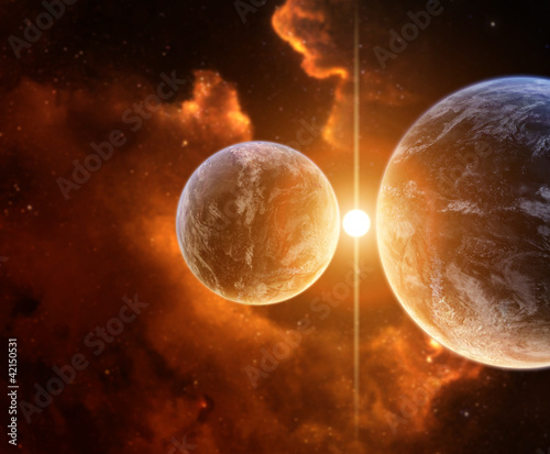 Fototapeta Naklejka Na Ścianę i Meble -  Two Planets with Nebula on background