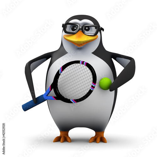 3d Penguin in glasses plays tennis © Steve Young